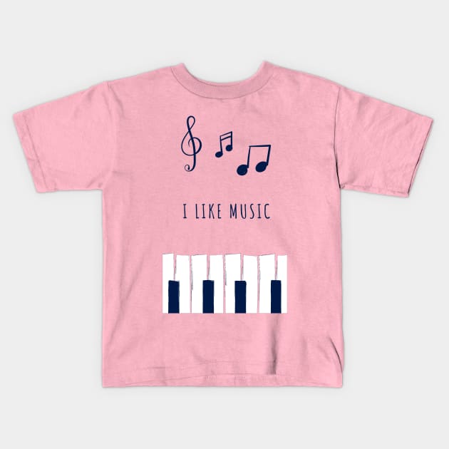 Illustration of notes and piano "I like music" Kids T-Shirt by Vapison